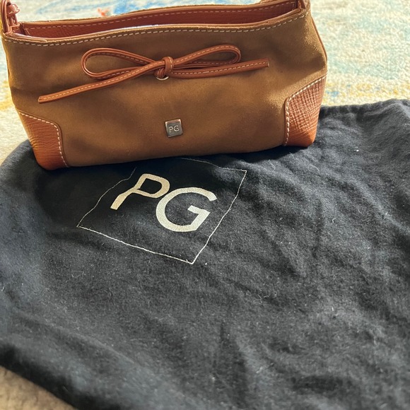 VTG PG Suede Leather Shoulder Bag Tan Brown Bow Accent Y2K Small Purse Designer - Picture 11 of 12